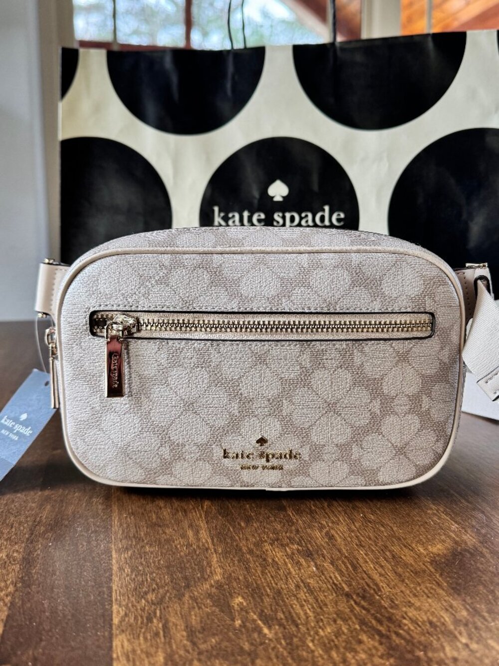 NEW Kate Spade Signature Spade Flower Belt Bag KG484 Fanny Pack Dark Beige Multi